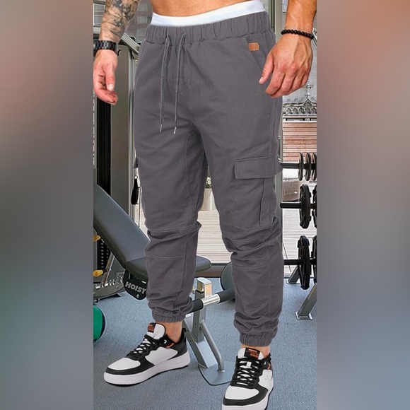 Men’s Cargo Grey Pants, Drawstring, Elastic Bottom, Size Large - Picture 5 of 12